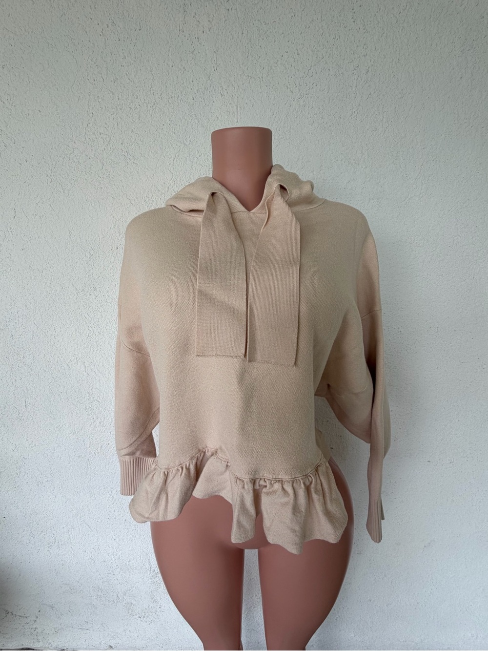 Zara Pale Beige Ruffle-Hem Hooded Sweatshirt